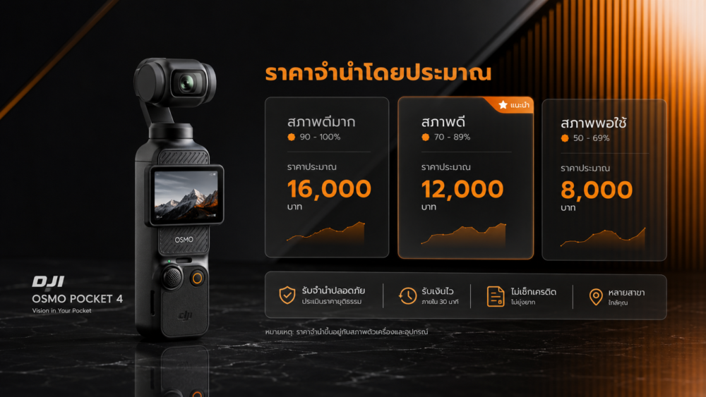 ฝาก DJI Osmo Pocket 4 ได้เท่าไหร่? ร้านไหนดีที่สุด 2 เปรียบเทียบราคาจำนำ DJI Osmo Pocket 4 กับราคาตลาด 2569