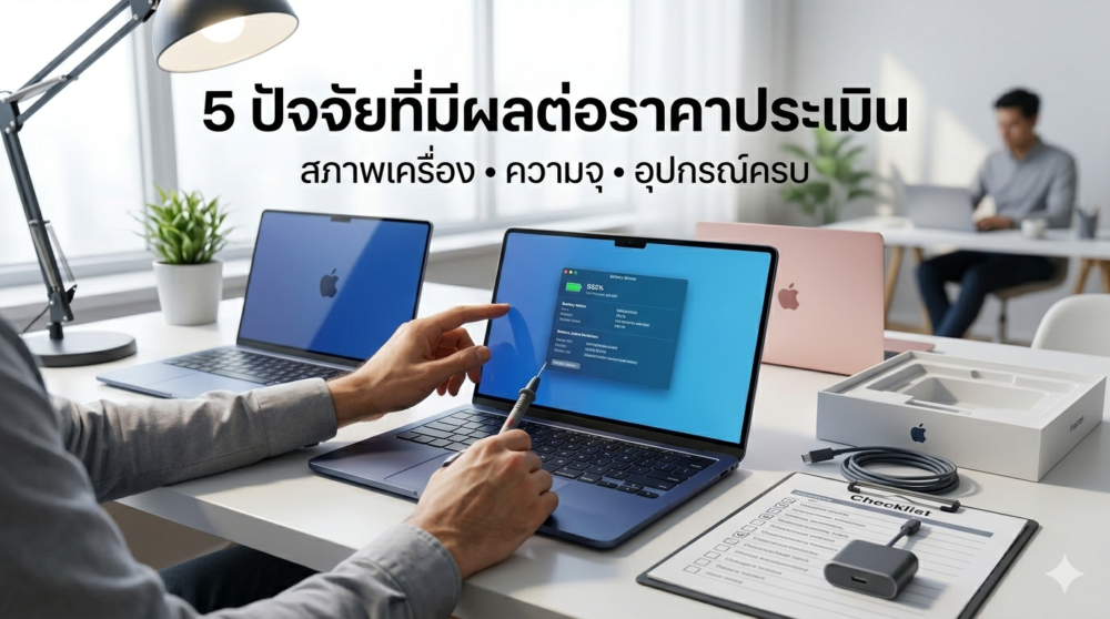 รับจำนำ MacBook Neo ได้เงินเท่าไหร่? รีวิว 3 ร้านรับจำนำราคาสูงสุด อัปเดต 2026 1 ตรวจสภาพโน้ตบุ๊กก่อนจำนำ, พนักงานประเมินราคาแล็ปท็อป