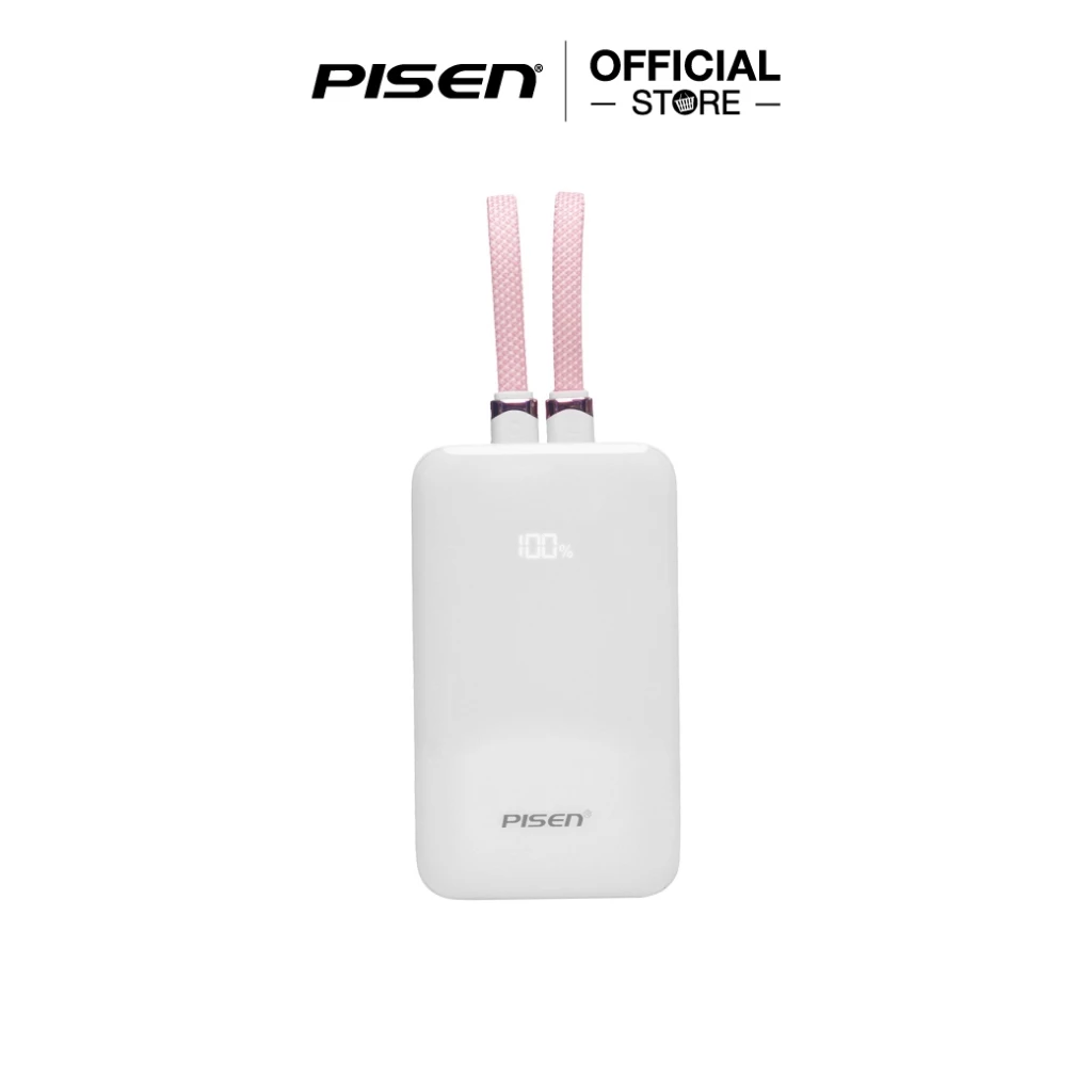 รีวิวเปรียบเทียบ Power Bank น้ำหนักเบาที่สุด ที่มีสายชาร์จในตัว มาพร้อมหัว Lightning และ USBC 3 PISEN PowerLink X2 พาวเวอร์แบงค์สายในตัวสีขาว พร้อมสายถักสีชมพูและจอ LED